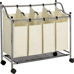SONGMICS Wäschekorb Mit 4 Fächern Beige 140 L Faltbar Eisengetsell 4 ×35 L Wäschesortierer Wäschebox Wäschewagen Wäschesammler Aus Polyester LSF005S