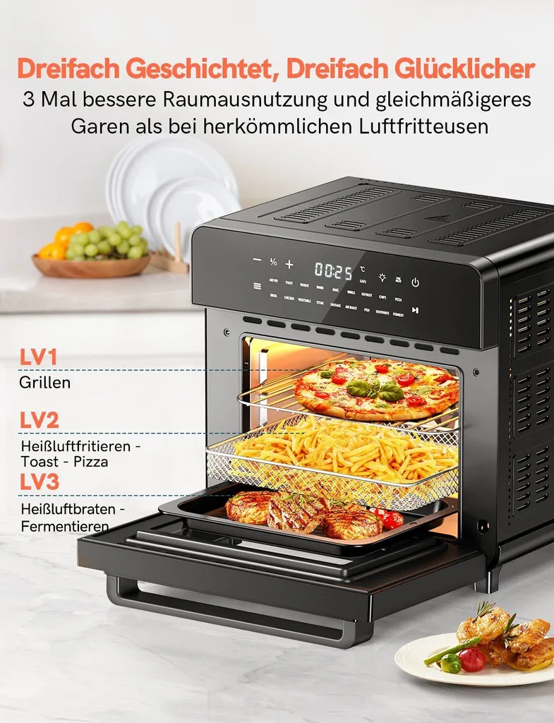 Involly 15L Heißluftfritteuse Airfryer Mini Ofen Mit 18 Programmen, Gaseinsparung, Fritteuse, Kompaktfriteusen,1600W Digital LED Display – Bild 4