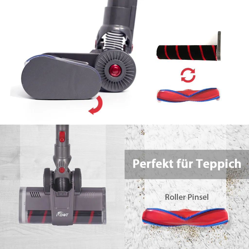 IFBOT 4 In 1 Akku Staubsauger I201 Kabellos Handstaubsauger, Bürstenlos Motor Mit HEPA Filter, 20KPa, 250W, Beutellos, 0,8L, 35min, Touchscreen, LED Elektrobürste, 1,8kg Leicht, 3 Reinigungssprogramme Perfekt Für Hartboden Teppich – Bild 5