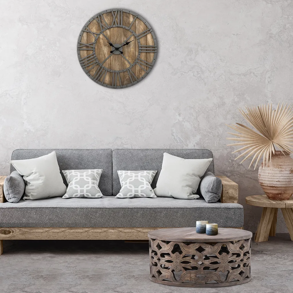 WOMO-DESIGN Große Wanduhr Mit Römische Ziffern, Ø 76 Cm, Grau/Natur, Aus Eisen Und Mangoholz, Im Vintage-Stil, Lautlos, Ohne Tickgeräusche, Designuhr Dekouhr Dekorative Uhr – Bild 5