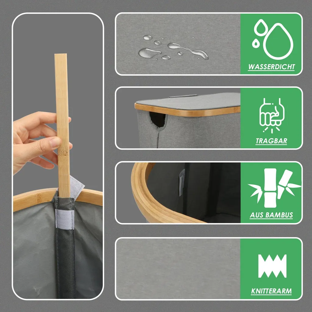 KAHOO Wäschekorb 73L Wäschesammler Aus Bambus + Leinen, 45x36x45cm, Faltbarer Sortier, Wäschebox Mit Deckel Und Griffen, Für Spielzeuge – Bild 3