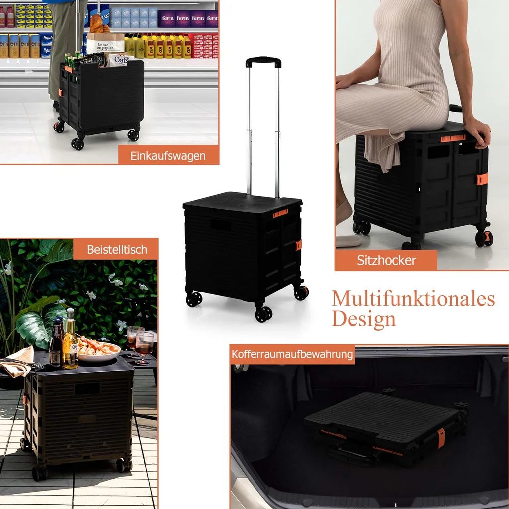COSTWAY 55L Einkaufstrolley 80kg Belastbar, Klappbarer Einkaufswagen Mit 3-fach Verstellbarem Griff, 2 Bremsbaren Universalrädern & Erweiterbarer Obere Abdeckung, Handwagen Tragbar, Schwarz – Bild 3