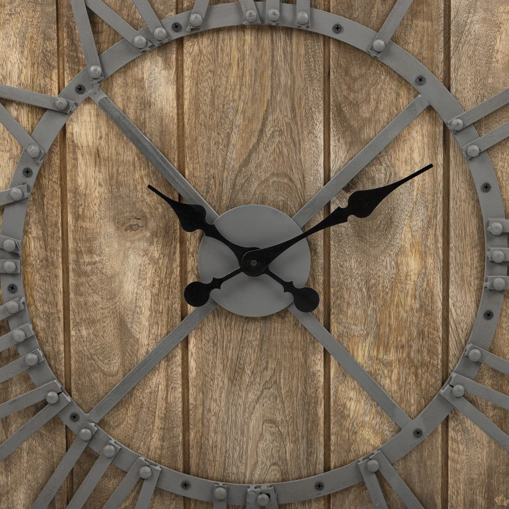 WOMO-DESIGN Große Wanduhr Mit Römische Ziffern, Ø 76 Cm, Grau/Natur, Aus Eisen Und Mangoholz, Im Vintage-Stil, Lautlos, Ohne Tickgeräusche, Designuhr Dekouhr Dekorative Uhr – Bild 2