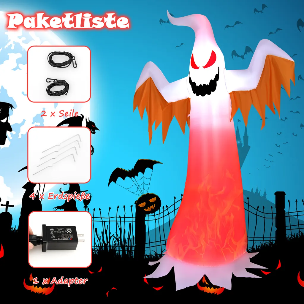 COSTWAY 180cm Aufblasbarer Geist Für Halloween, Selbstaufblasende Halloween-Dekoration Mit Roten LED-Lichtern, Schreckliche Dekogeis Für Hausgarten Rasen Garten Party – Bild 7