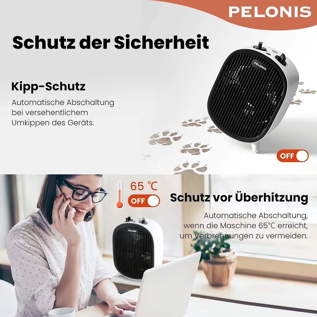 Pelonis ❤️ Heizlüfter, Energiesparend Klein 2000W Elektrische Heizung 2 Heizstufen & Gebläse-Modus, Kippschutz & Überhitzungsschutz Für Büro Wohnzimmer Schlafzimmer - Weiß – Bild 5