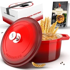 Funkenflug GmbH Funkenflug® Gusseisen Topf Brot Backen 4,7 Liter In Rot [Induktionsgeeignet] Inkl. Rezeptbuch - Für Einzigartigen Brotgenuss - Auch Als Schmortopf Einsetzbar - Gusseisen Emaille Topf - Bräter Gusseisen