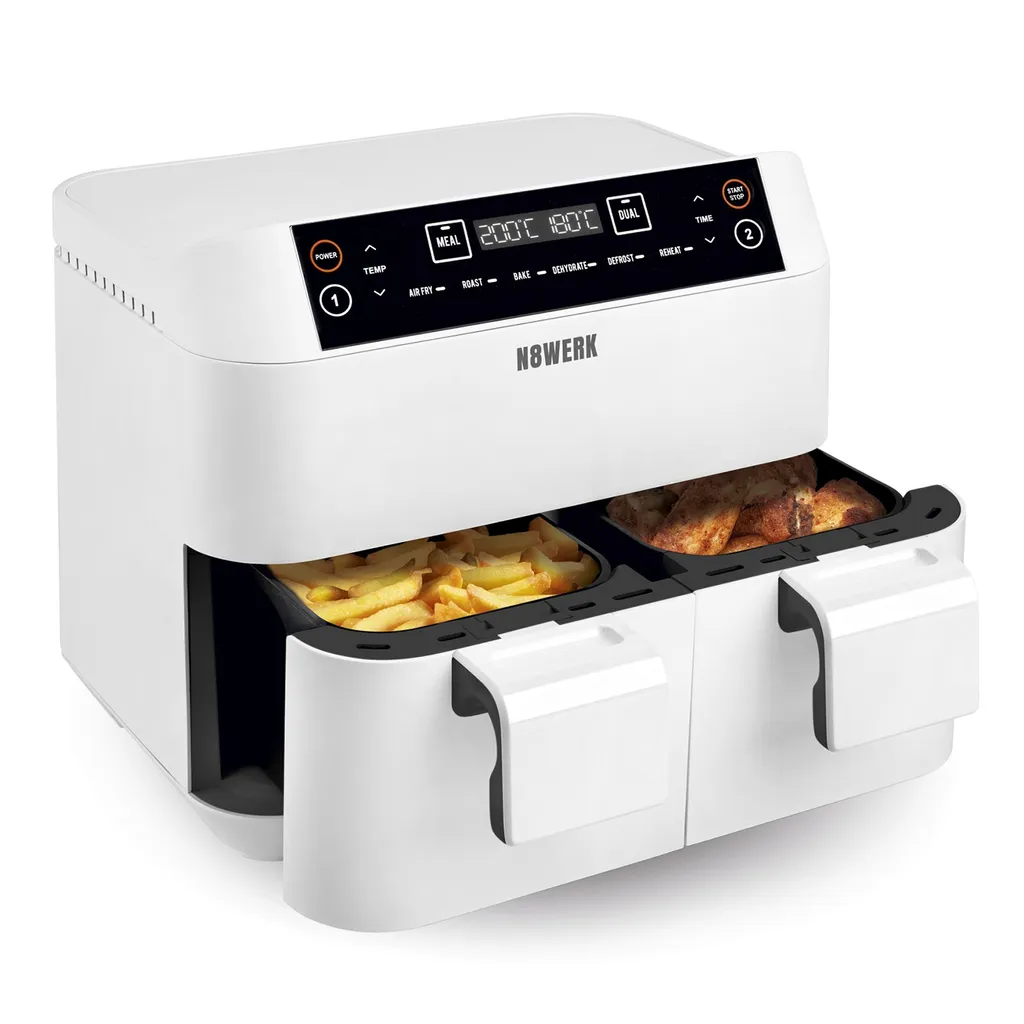 Maxxworld N8WERK Doppel-Heißluftfritteuse - 7,6l Heißluft Fritteuse Friteuse Fritöse XL Air Fryer Edelstahl Doppelkorb 2x 3,8L