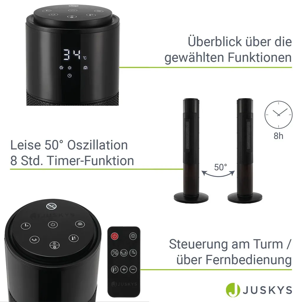 Juskys Turm-Keramik-Heizer – Elektrischer Heizlüfter Mit LCD Display & Fernbedienung, 1000 / 2000W, Kamineffekt, Timer, Oszillation & Umkippschutz – Bild 4