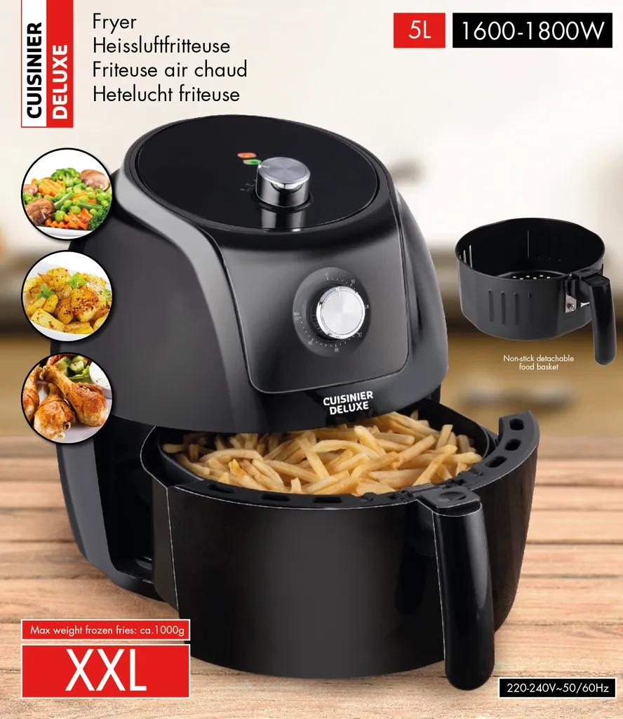 Cuisinier Deluxe Heißluftfritteuse Analog - 5 Liter - 230V - Airfryer - Heißluftofen - Temperatureinstellung Von 80°C Bis 200°C - 7/8 Personen - Schwarz – Bild 6