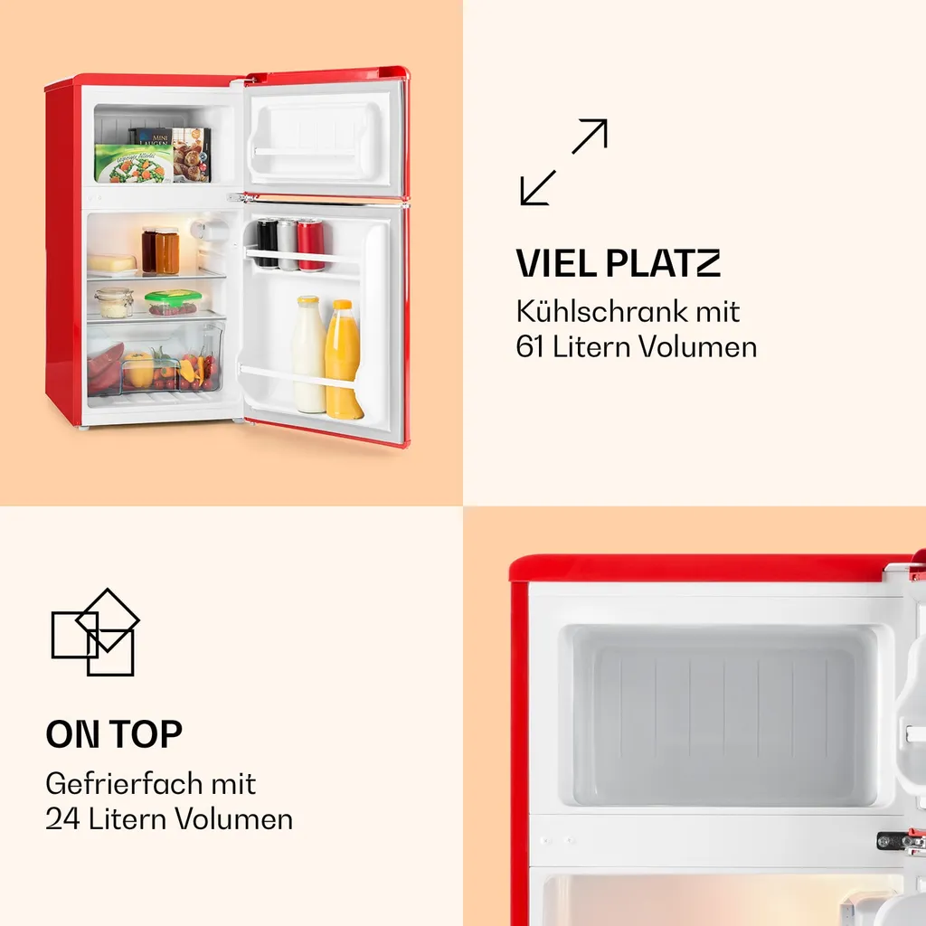 Klarstein Monroe Kühl- Und Gefrierkombination Retro Mini-Kühlschrank (61 Liter Volumen, 24 Liter Gefrierfach, 2 Glas-Ablagen, Gemüsefach, 2 Türablagen, 40 DB Leise) Rot – Bild 3