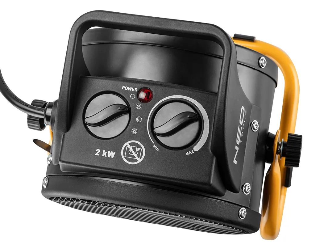 NEO TOOLS Keramischer Elektroheizer PTC, 2kW, Mit Thermostat Und Leistungsschalter, Mit Gebläse, Geräuscharm, Niedriger Energieverbrauch, Einstellbarer Winkel, Luftstrom 197 M3/h – Bild 3