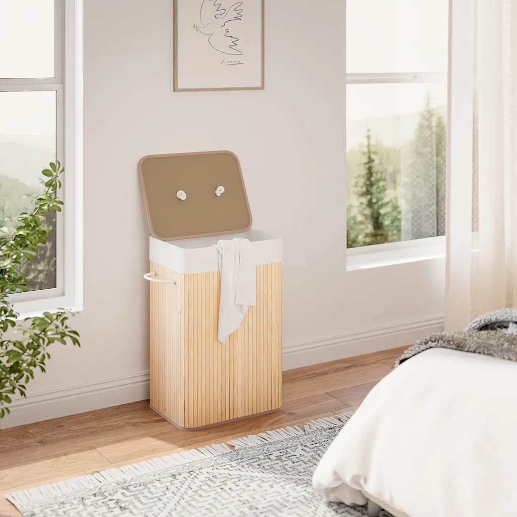 Meerveil Wäschekorb Aus Bambus, Wäschebox, Wäschesammler, Faltbar, Mit Abnehmbarem Deckel Und Waschbarem Futter, 72L, 40 X 30 X 60 Cm – Bild 8