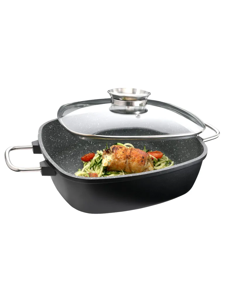 GSW Viereckbräter Gourmet GRANIT 28 X 28 X 8,5 Cm , Aluminium, Edelstahl, Glas, Viereckbräter Mit Aroma-Glasdeckel ø Ca. 28 X 28 X H 8,5cm – Bild 6