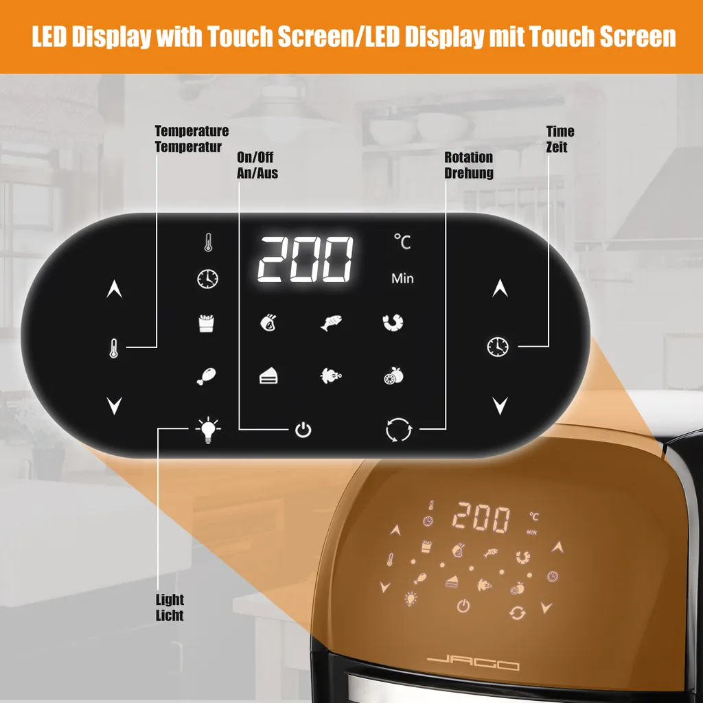 Jago® XXXL 8in1 Heißluftfritteuse 12L + 10 Zubehör - 1800W, LED Display Mit Touch Screen, 8 Programme / Timer, Ohne ÖL - Airfryer, Heißluft, Fritteuse, Heißluftofen, Backofen, Dehydrator, Grill – Bild 8