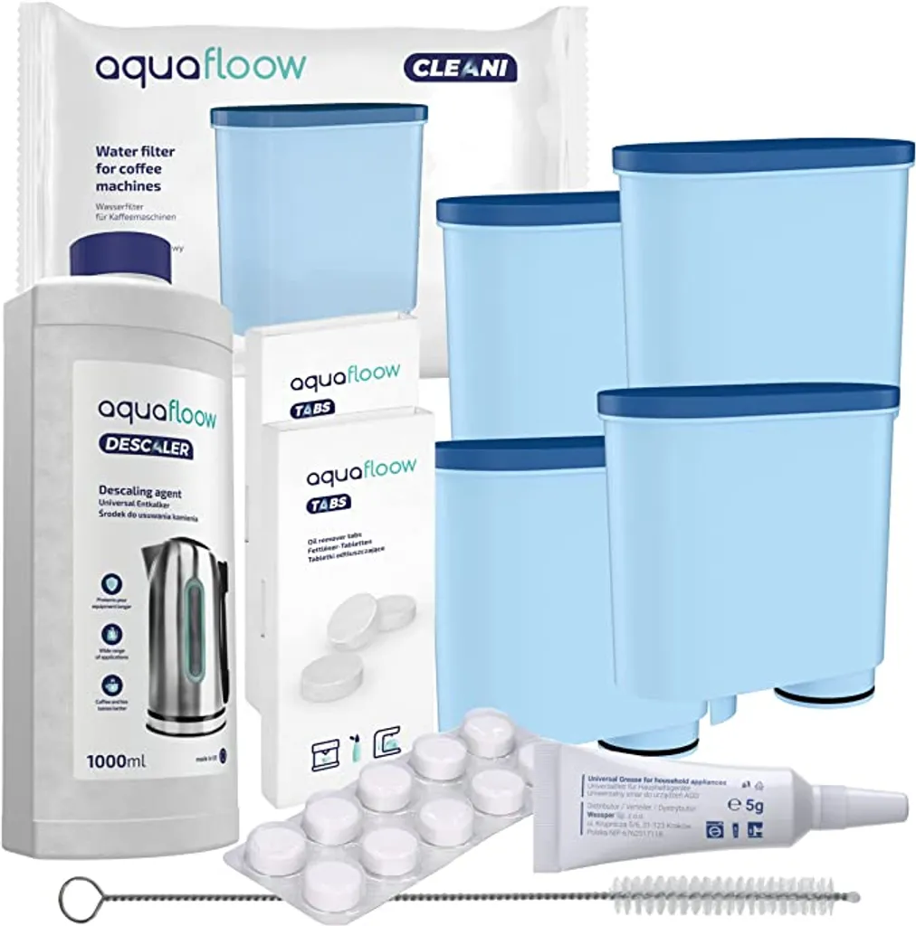 Aquafloow Rundum-Pflegeset Für Kaffeevollautomaten Philips, Saeco (4x Filter, Komp. Mit CA6903, Entkalker 1000ml, 20 X 2g Reinigungstabletten, Reinigungsbürste, Silikonfett)