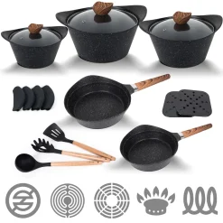 Fiora Topfset 19 Teilig Antihaftbeschichtung Aluguss Induktion Für Alle Herdarten Spülmaschinengeeignet Kochtöpfe Mit Pfannen