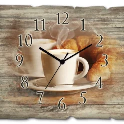 ARTland Holz Wanduhr Funkuhr - Schwarzer Zeiger Dampfender Cappuccino Und Croissant Größe: 40x30 Cm