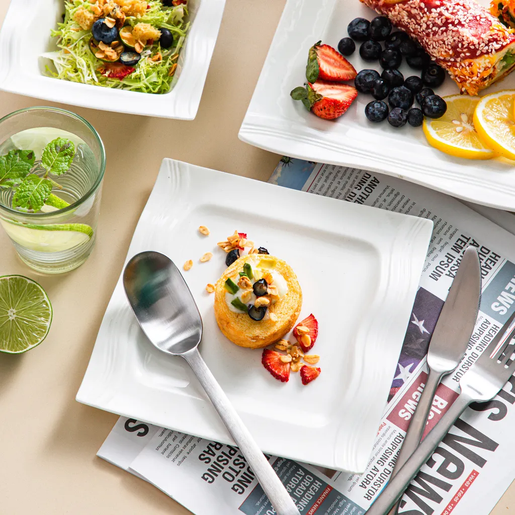 MALACASA, Serie Mario, Cremeweiß Porzellan Tafelservice 28 Tlg. Set Geschirrset Kombiservice Mit Dessertteller, Speiseteller, Suppenteller, Müslischalen, Servierplatte, Salz- Und Pfefferdosen – Bild 3