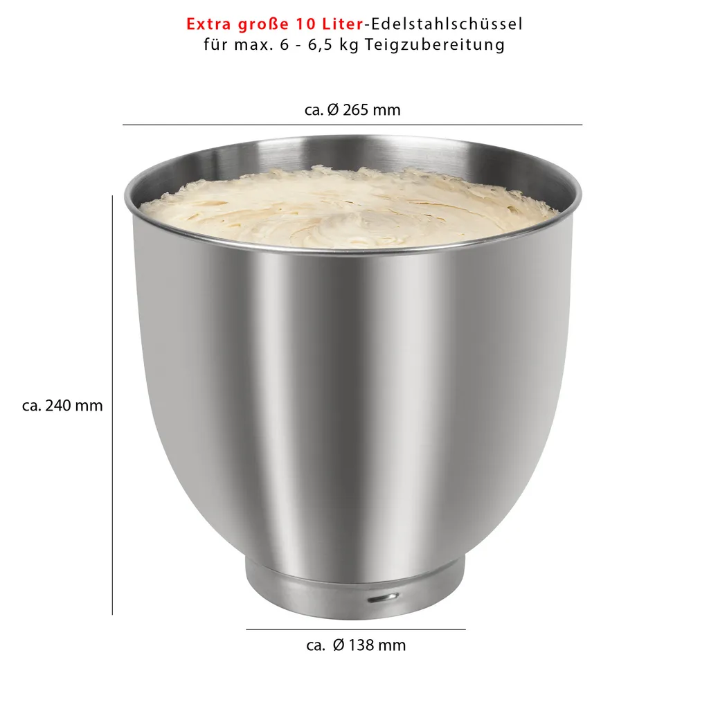 Clatronic KM 3765 Knetmaschine, 1500W, 8 Geschwindigkeitsstufen, 10 Liter- Edelstahlschüssel Für Max. 6–6,5 Kg, Spritzschutzdeckel Mit Nachfüllöffnung, Titan – Bild 6