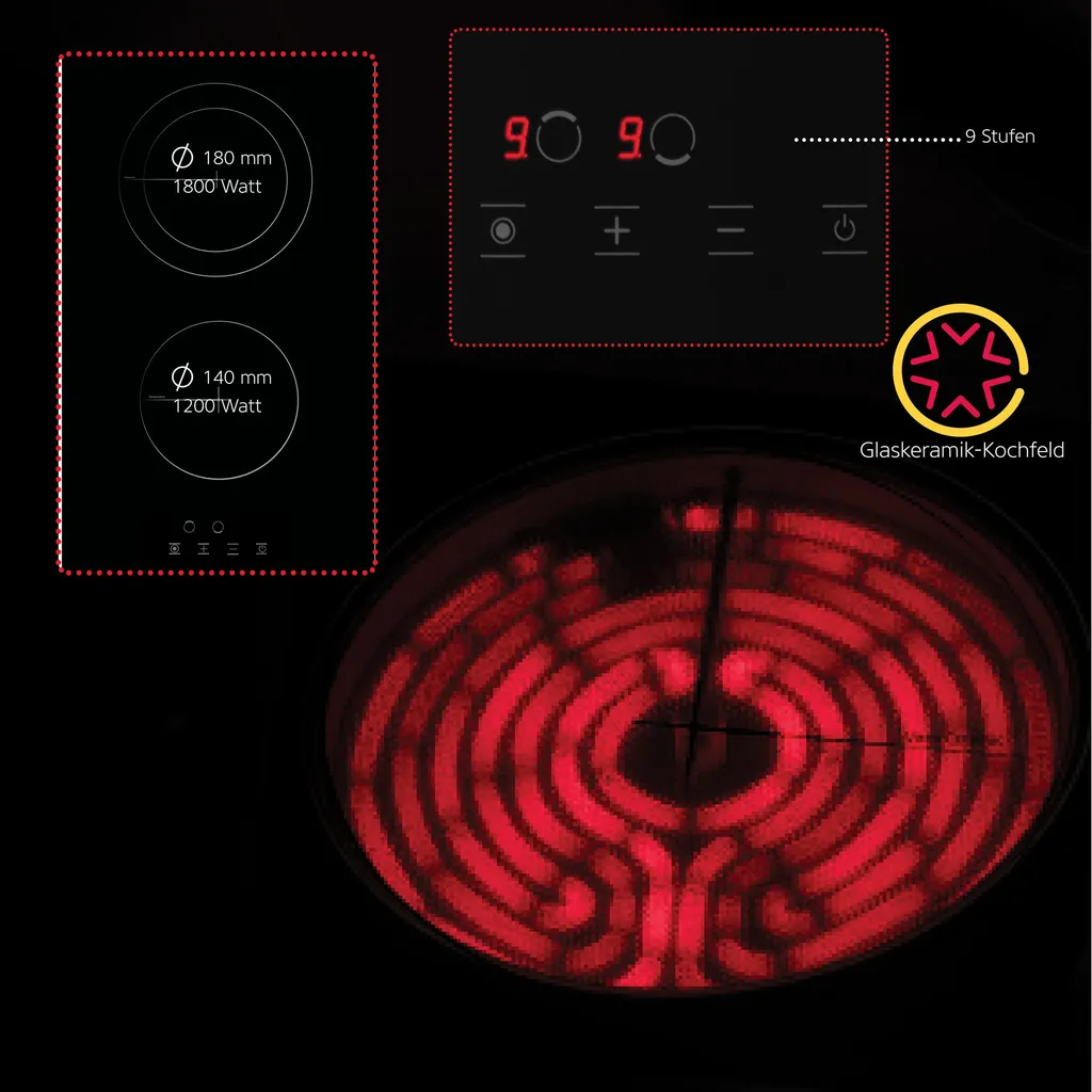 Simfer 30 Cm Glaskeramikkochfeld BIH 3025, Autarkes Elektro-Kochfeld, Glaskeramikkochfeld - 2 Kochzonen, 9 Leistungsstufen, Touch-Bedienung, Restwärmeanzeige, Kindersicherung, Rahmenlos – Bild 5