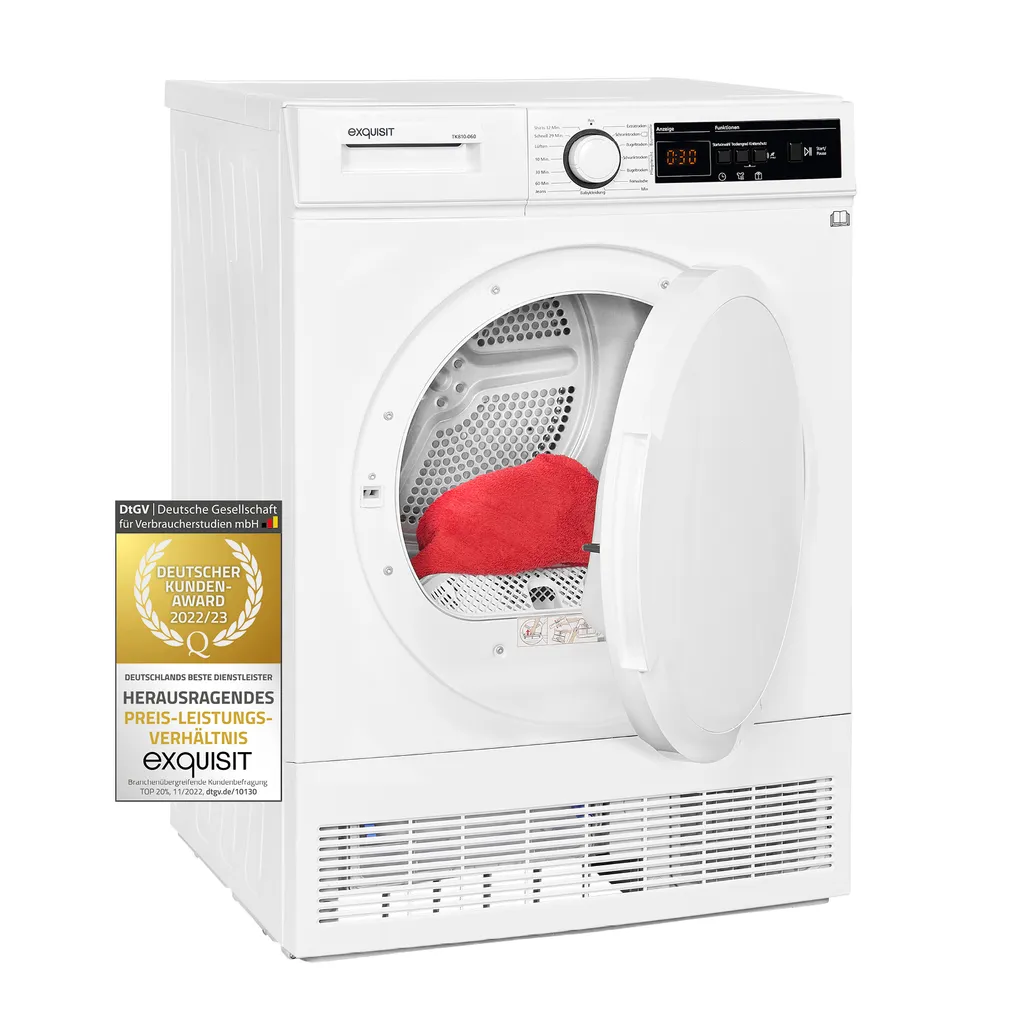 Exquisit Kondensationstrockner TK810-060 Weiss | Kondenstrockner | Startzeitvorwahl | LED-Display | Edelstahltrommel | EEK: B | Füllmenge: 8 Kg | Weiß