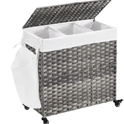 SONGMICS Wäschekorb, Handgeflochten, Wäschesammler, 140 L, Aus Polyrattan, Mit 3 Fächern, Herausnehmbare Tasche, Deckel, Griffe, Für Wohnzimmer, Badezimmer, 66 X 33 X 60 Cm, Grau LCB363G01