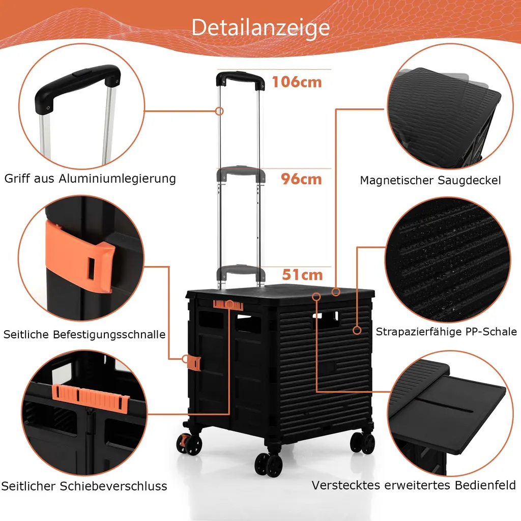 COSTWAY 55L Einkaufstrolley 80kg Belastbar, Klappbarer Einkaufswagen Mit 3-fach Verstellbarem Griff, 2 Bremsbaren Universalrädern & Erweiterbarer Obere Abdeckung, Handwagen Tragbar, Schwarz – Bild 6