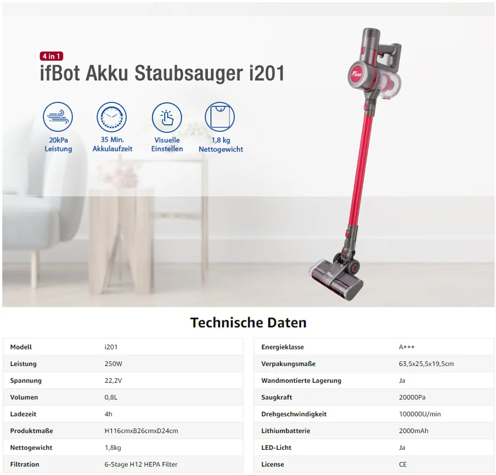 IFBOT 4 In 1 Akku Staubsauger I201 Kabellos Handstaubsauger, Bürstenlos Motor Mit HEPA Filter, 20KPa, 250W, Beutellos, 0,8L, 35min, Touchscreen, LED Elektrobürste, 1,8kg Leicht, 3 Reinigungssprogramme Perfekt Für Hartboden Teppich – Bild 7