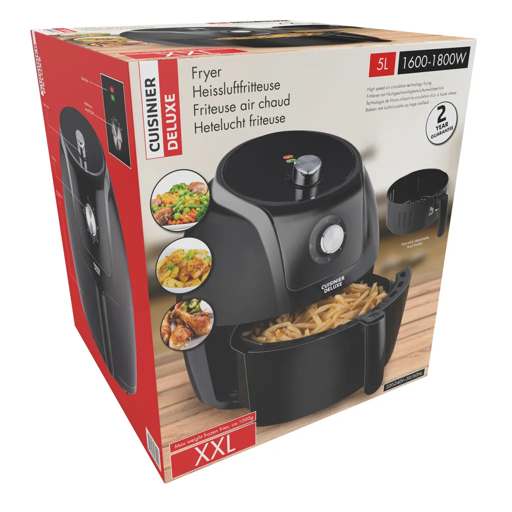 Cuisinier Deluxe Heißluftfritteuse Analog - 5 Liter - 230V - Airfryer - Heißluftofen - Temperatureinstellung Von 80°C Bis 200°C - 7/8 Personen - Schwarz – Bild 7