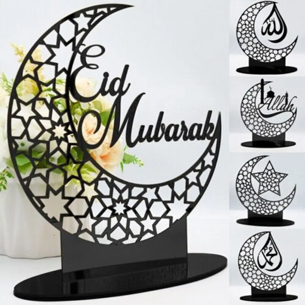 Jesunfuzhu Ramadan Eid Mubarak, Dekorationen Eid Mubarak Acryl Ornamente Mond Sterne Muslim Festival Ramadan Dekorationen, Schwarz – Bild 3