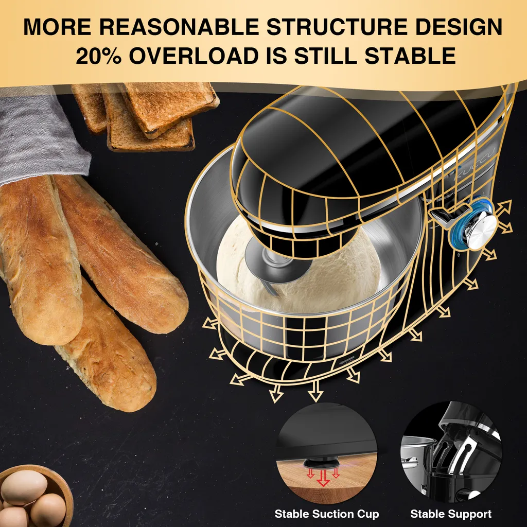 KUCCU Küchenmaschine,1500W Leistungsstarke Knetmaschine, Mit Knet-und Rührfunktion 6 Geschwindigkeiten Geräuscharme Teigknetmaschine 6,5 Liter Edelstahlschüssel Knethaken & Schneebesen Spritzschutz – Bild 4