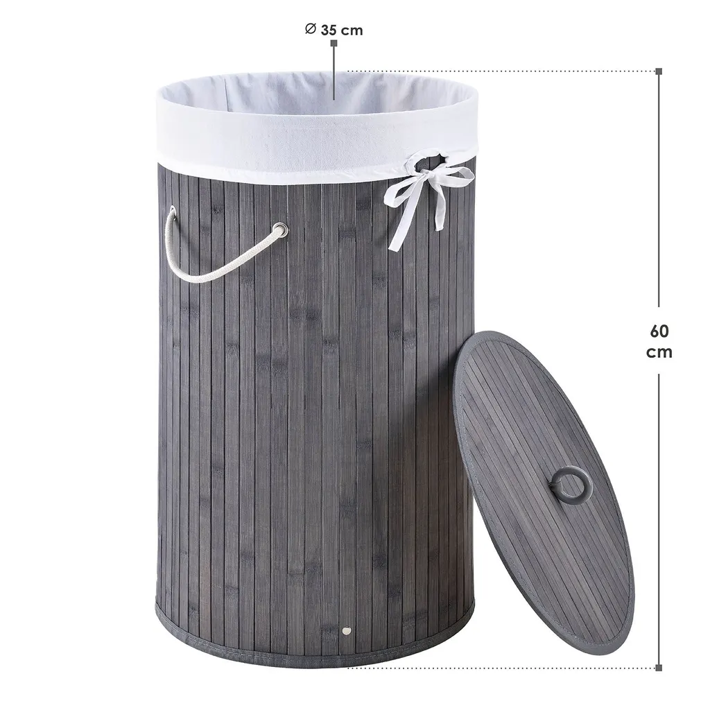 Juskys Bambus Wäschekorb Curly-Round – 55 Liter Volumen – Wäschesammler Mit Deckel, Tragegriffen & Stoff Wäschesack – 1 Fach Wäschebox – In Grau – Bild 12