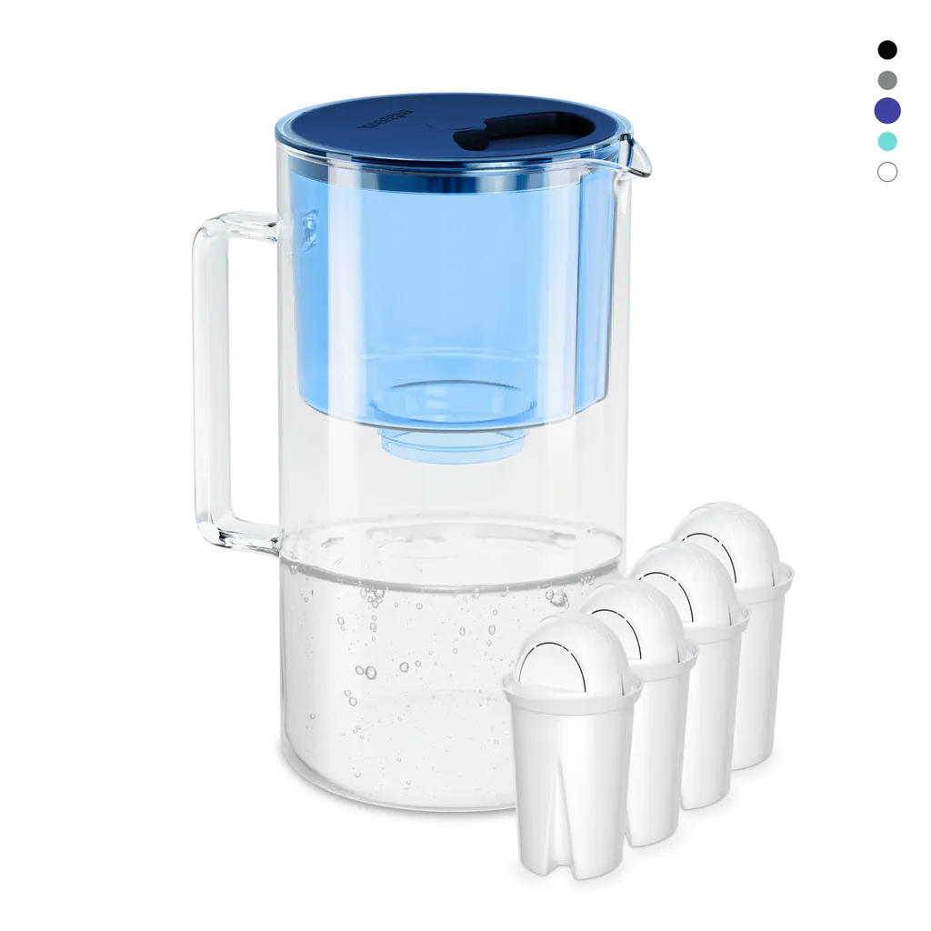 Wessper Glas Wasserfilter 2,5 L Mit 4 Filterkartuschen, Kompatibel Mit Brita Classic-Blau