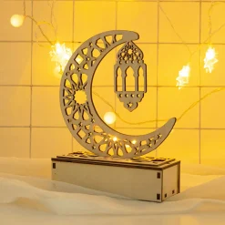 PMS LED Holz Mond Lampe Nachtlicht Muslim Ramadan Eid Mubarak Deko Tischdekoration Dekoleuchten