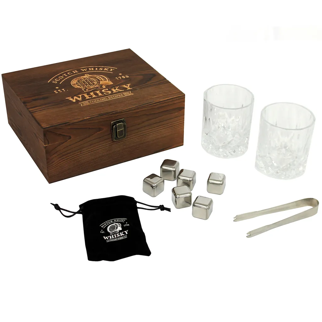 Wurm GmbH + Co. KG Whisky Geschenk-Set Mit 2 Gläsern, Eiswürfeln Aus Edelstahl, Zange, Samtbeutel In Einer Schönen Holzbox – Bild 3