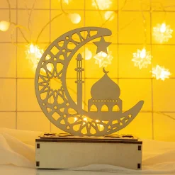 PMS LED Holz Mond Lampe Nachtlicht Muslim Ramadan Eid Mubarak Deko Tischdekoration Dekoleuchten