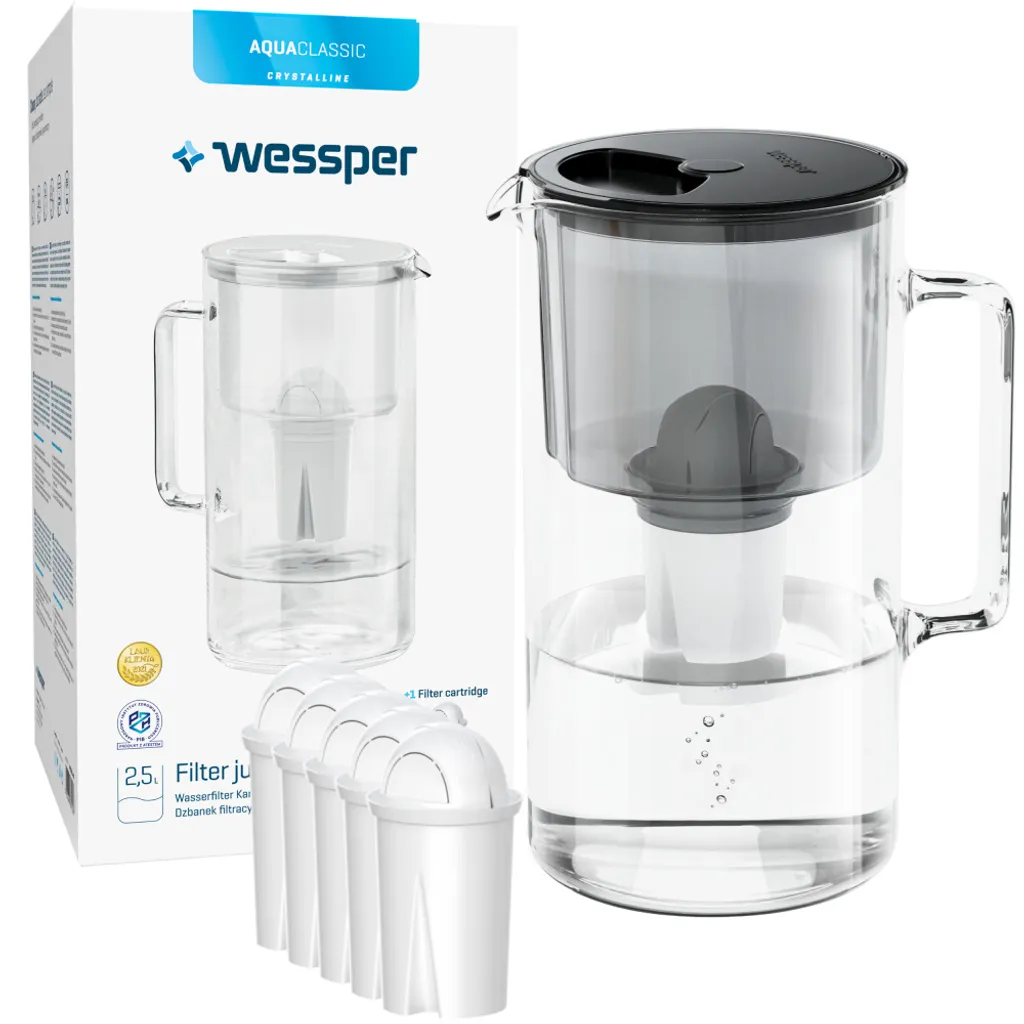 Wessper AquaClassic Set - Kristalliner Glaskrug 2.5L Schwarz + 5x Wasserfilter