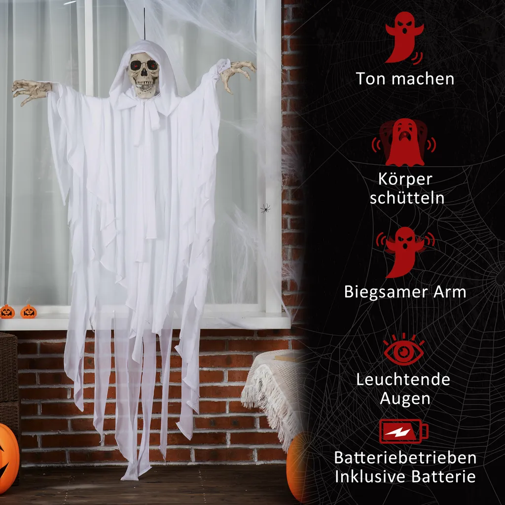 Outsunny 153 Cm Halloween Deko Horror Gespenst Hängend Geist Gespenst Augenglühen Mit Spezialeffekten Und Soundfunktion Weiß – Bild 7