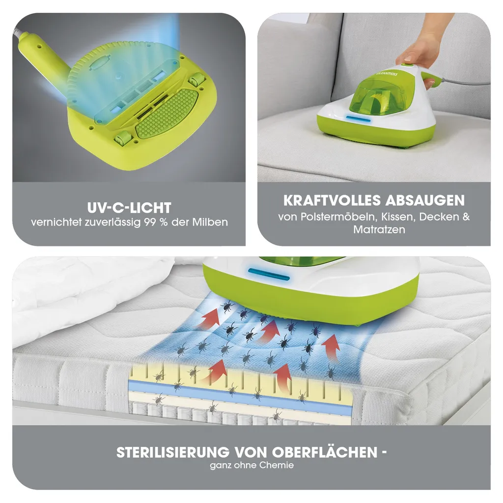 Maxxworld CLEANmaxx Milben-Handstaubsauger Kompakt Mit UV-C Licht - Weiß/limegreen – Bild 3