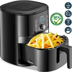 AINUOO 4L Heißluftfritteuse, 1600 W Airfryer Fritteuse Mit Touch Display, 6-in-1 Multifunktions Kompaktfriteuse Mit 6 Programmen, Transparentes Sichtfenster, Mit Rezeptheft, BPA-frei, Schwarz
