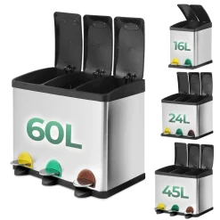Jago® Abfallbehälter – 16/24/45/60 Liter - 2 Oder 3 Fächer, Edelstahl, Für Küche - Abfalleimer, Mültrennsystem, Mülleimer, Abfallsammler