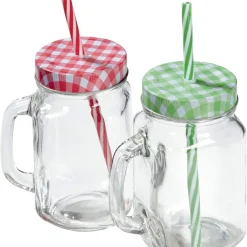 Dekor 2 Gläser Mit Deckel, Griff Und Strohhalm, Trinkhalm Einmachgläser