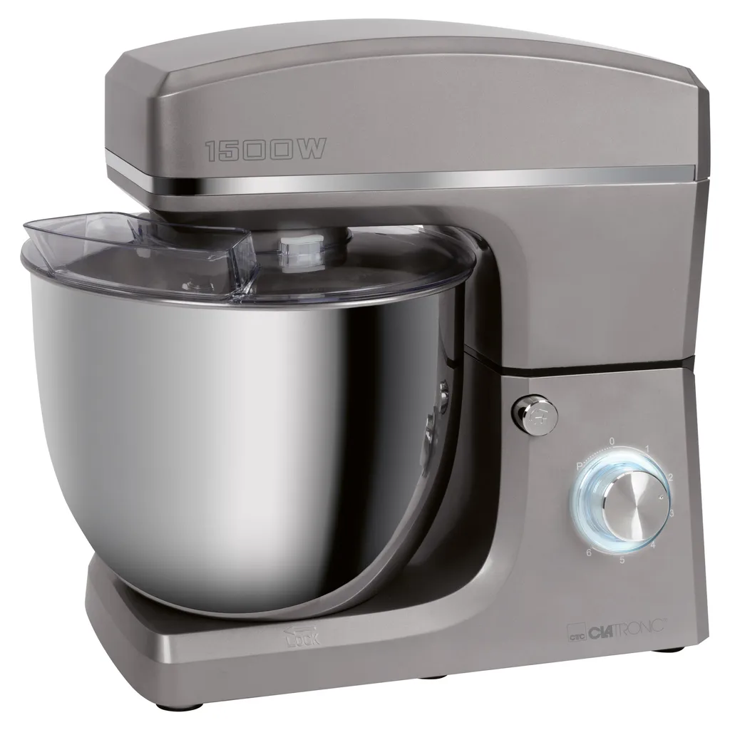 Clatronic KM 3765 Knetmaschine, 1500W, 8 Geschwindigkeitsstufen, 10 Liter- Edelstahlschüssel Für Max. 6–6,5 Kg, Spritzschutzdeckel Mit Nachfüllöffnung, Titan