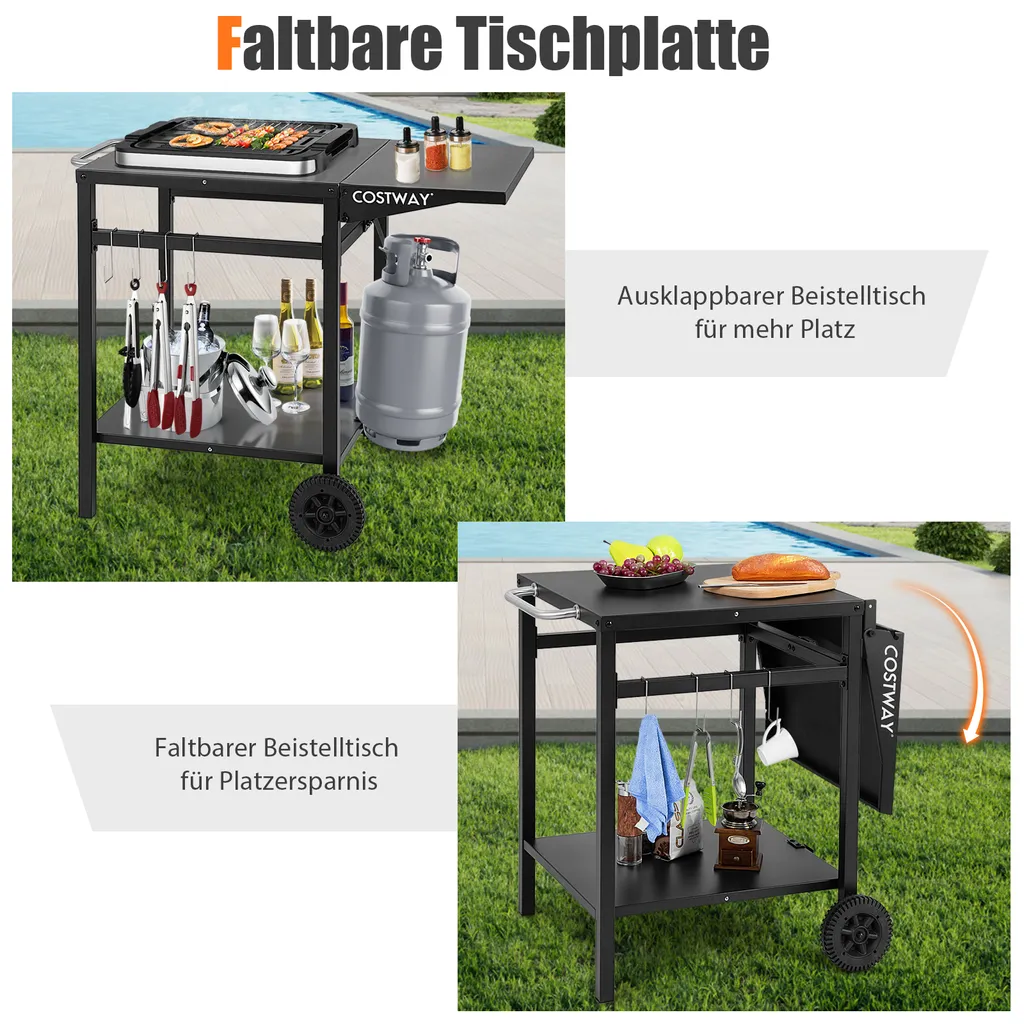 COSTWAY Grilltisch Mit Klappbarer Tischplatte, Beweglicher Campingtisch Mit 2 Ablagen & 4 Haken, Metall Grillwagen Für Außenbereich, Rollwagen Zum Grillen & Outdoorküche, Zubereitungswagen Schwarz – Bild 4