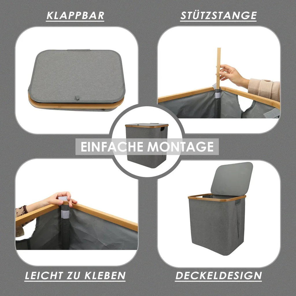 KAHOO Wäschekorb 73L Wäschesammler Aus Bambus + Leinen, 45x36x45cm, Faltbarer Sortier, Wäschebox Mit Deckel Und Griffen, Für Spielzeuge – Bild 4
