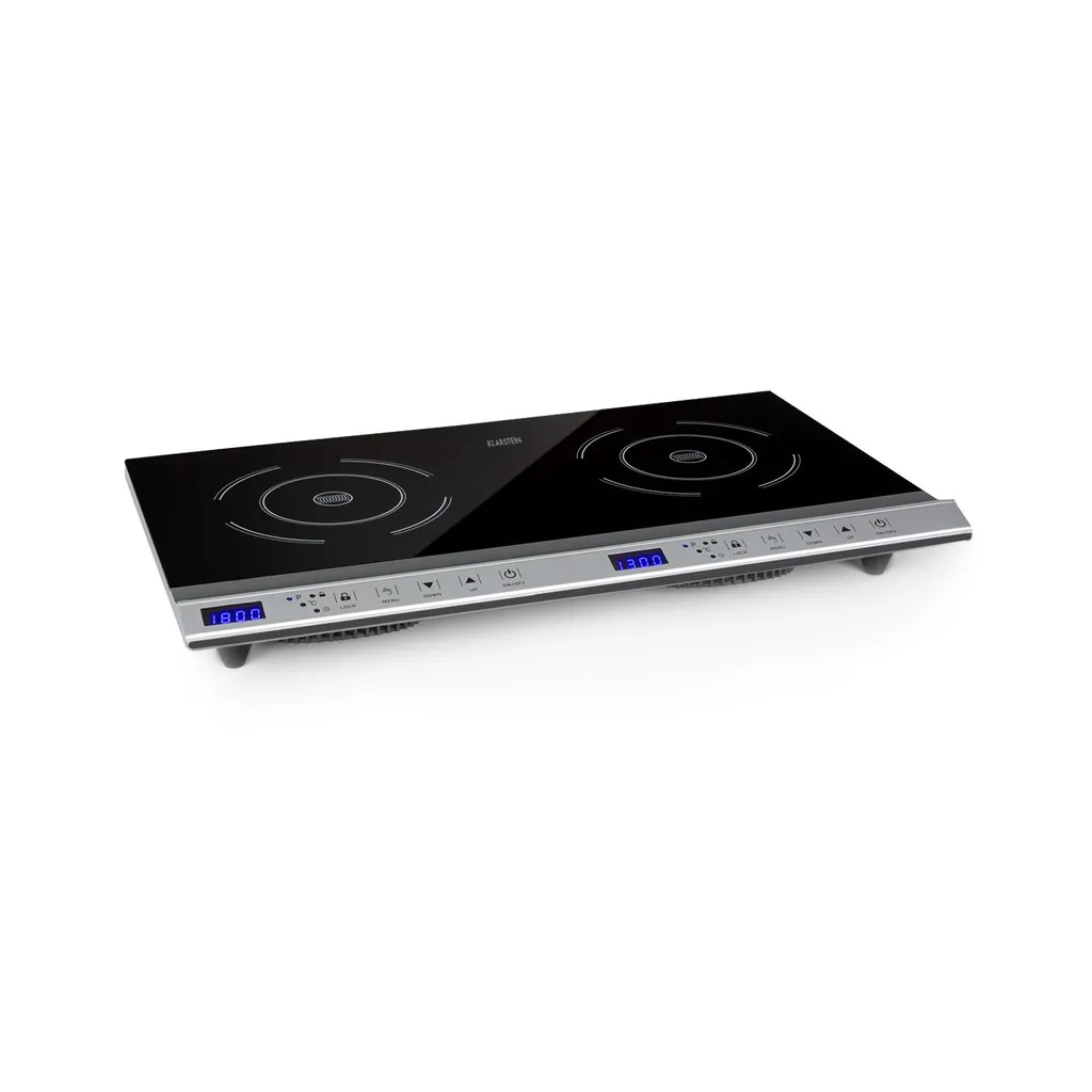 Klarstein Cucinata Mobile Kochplatte, Doppel-Induktionskochfeld, 3100W, Touch Control, Topfsensor, Abschalttimer, 10 Stufen, Überhitzungsschutz, Kindersicherung, Glaskeramik, Silber