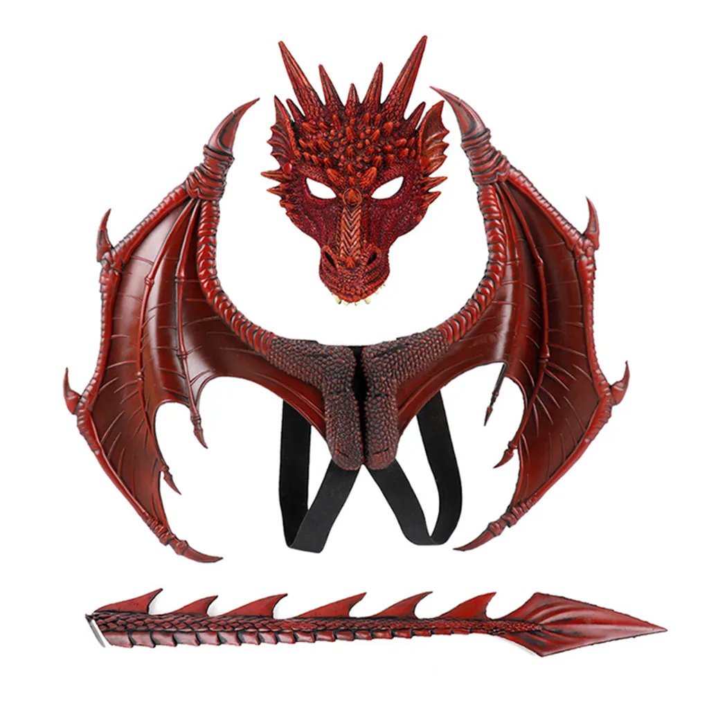 Baikuan Halloween Deko Kinder Karneval Karneval Party Kostüm, Kinder Drache Dress Up Set, Halloween Kostüm, Rot Set:Drachen Maske + Flügel + Schwanz – Bild 2