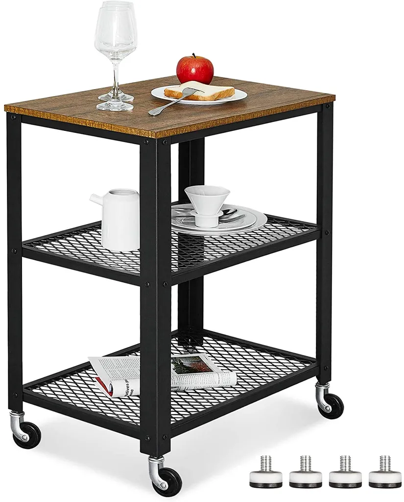 Meerveil Retro Servierwagen, 3 Ebenen Küchenwagen, Rollwagen Auf 4 Rollen, Küchenregal Aus Holz Und Metall, Für Küche Und Wohnzimmer, Vintagebraun-schwarz – Bild 3