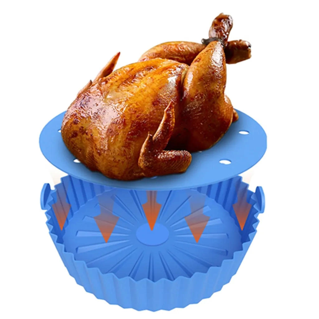 Stretoey 2er/set Silikon Heißluftfritteuse Korb, Backform + Isolations Pad, Küchenzubehör, Blau – Bild 3