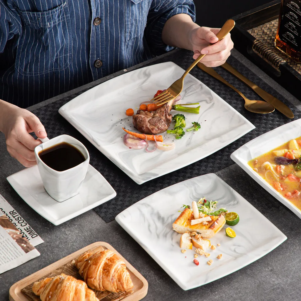 MALACASA, Serie Blance, Kombiservice 30 Tlg. Marmor Porzellan Geschirrset Eckig Tafelservice Mit 180 Ml Kaffeetassen, Untertassen, Dessertteller, Tiefteller Und Flachteller – Bild 6